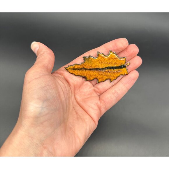 Vintage Autumn Leaf Brooch Pin Enamel on Copper Statement Fall Jewelry Orange - Picture 7 of 8
